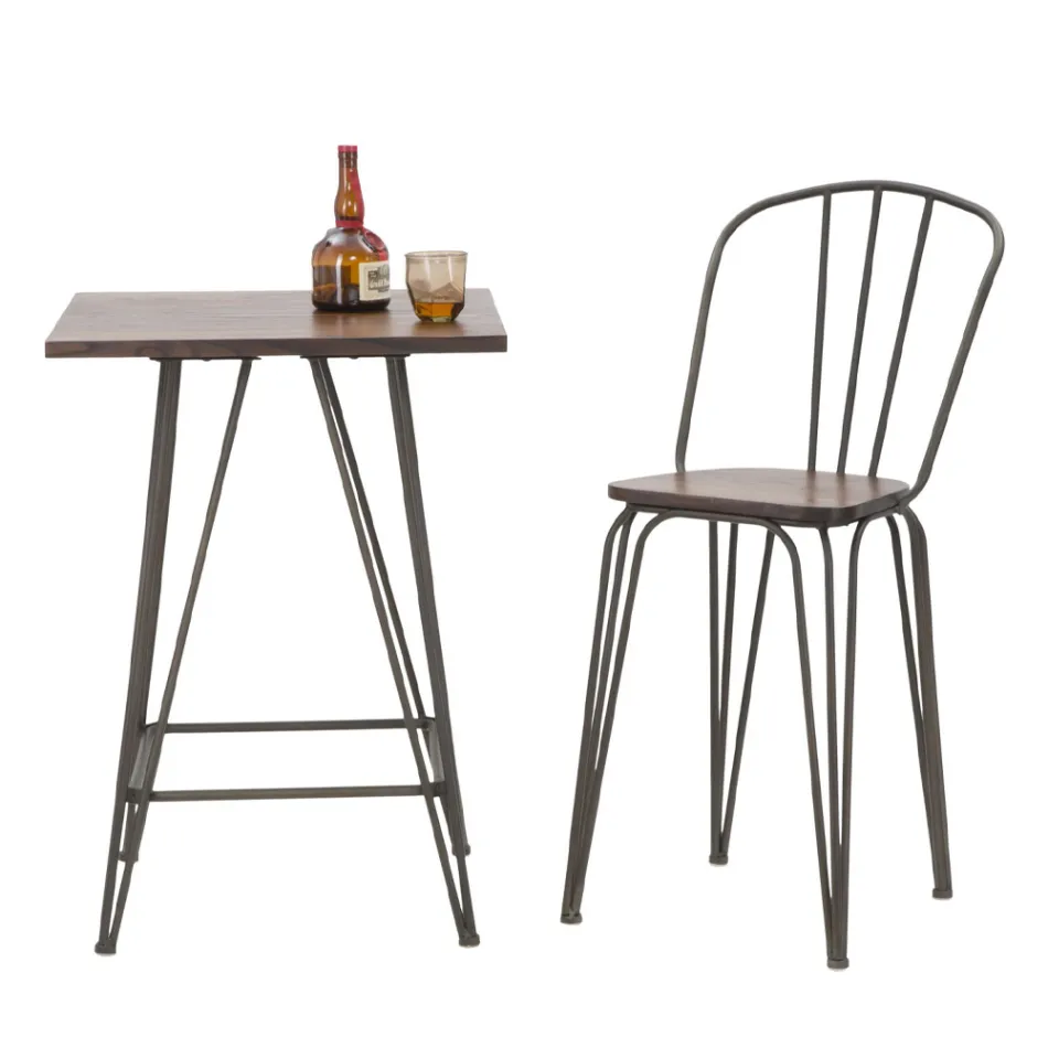 Modern Design Stool in Industrial Style in Iron and Wood, 2 Pieces - Erika Viadurini