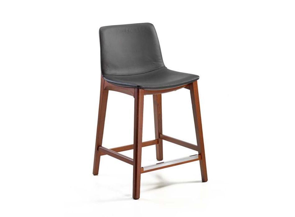 Fixed Design Kitchen Stool in Leather and Wood Made in Italy - Rocco Viadurini