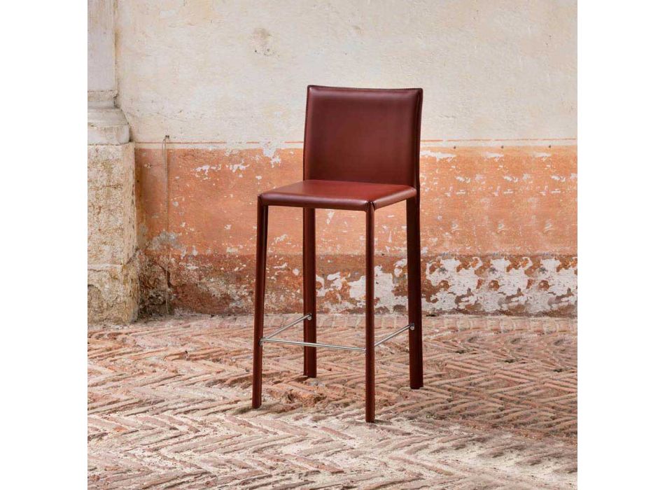 Fixed Design Kitchen Stool Covered in Leather Made in Italy - Tara Viadurini