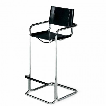 Leather and Steel Stool with Armrests and Footrest Made in Italy - Lepanto Viadurini