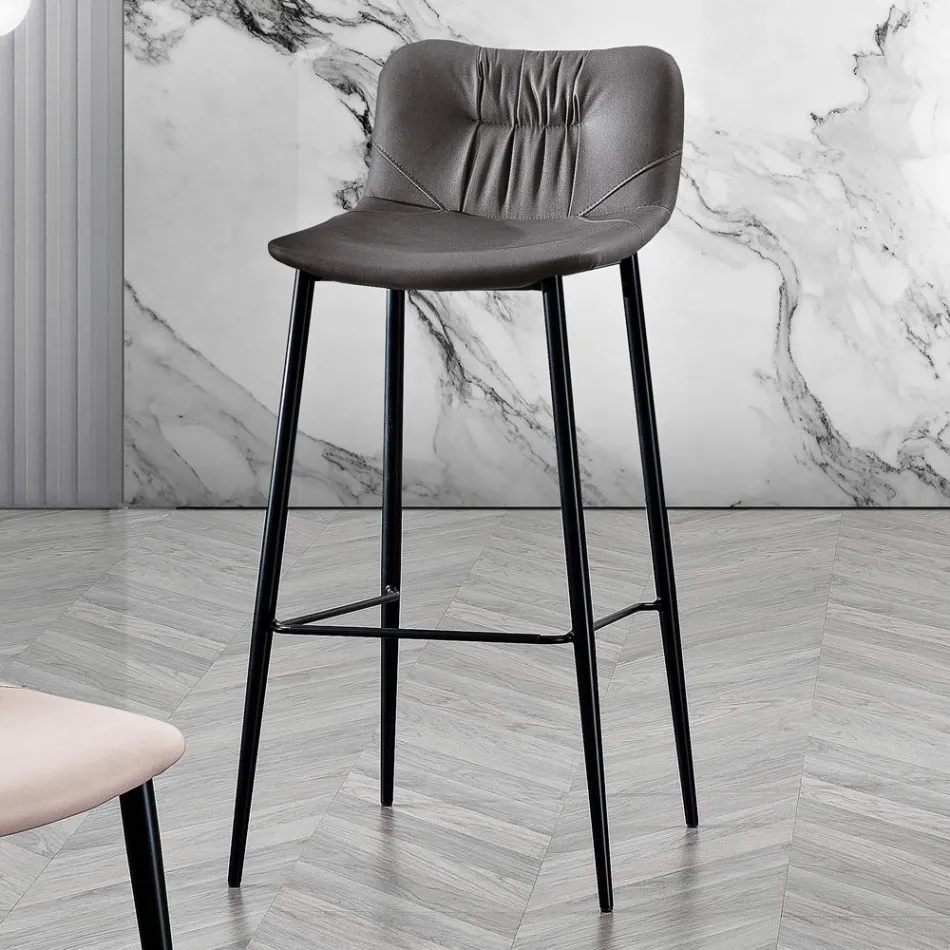 Stool in Leather Effect Fiber Fabric and Metal Made in Italy - Gohan Viadurini