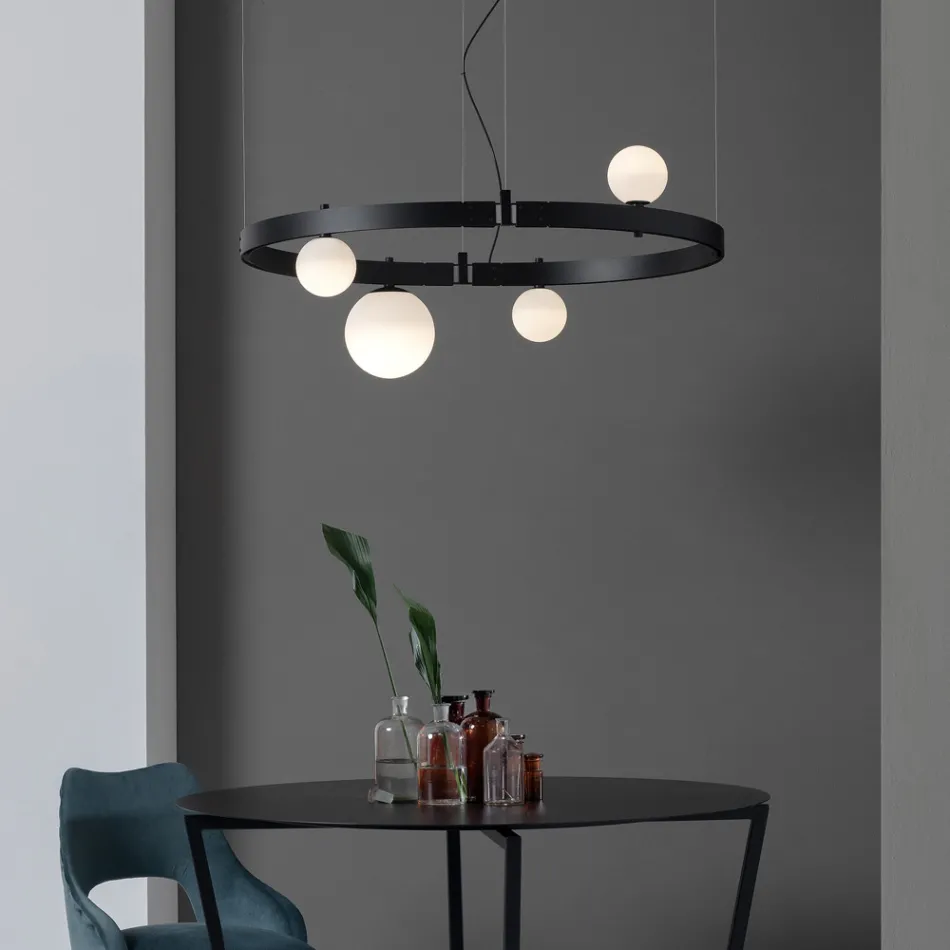 Oval Design Suspension in Black Aluminum with Spheres and Spotlights - Exodus Viadurini