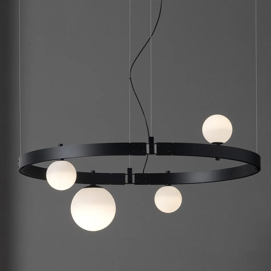 Oval Design Suspension in Black Aluminum with Spheres and Spotlights - Exodus Viadurini