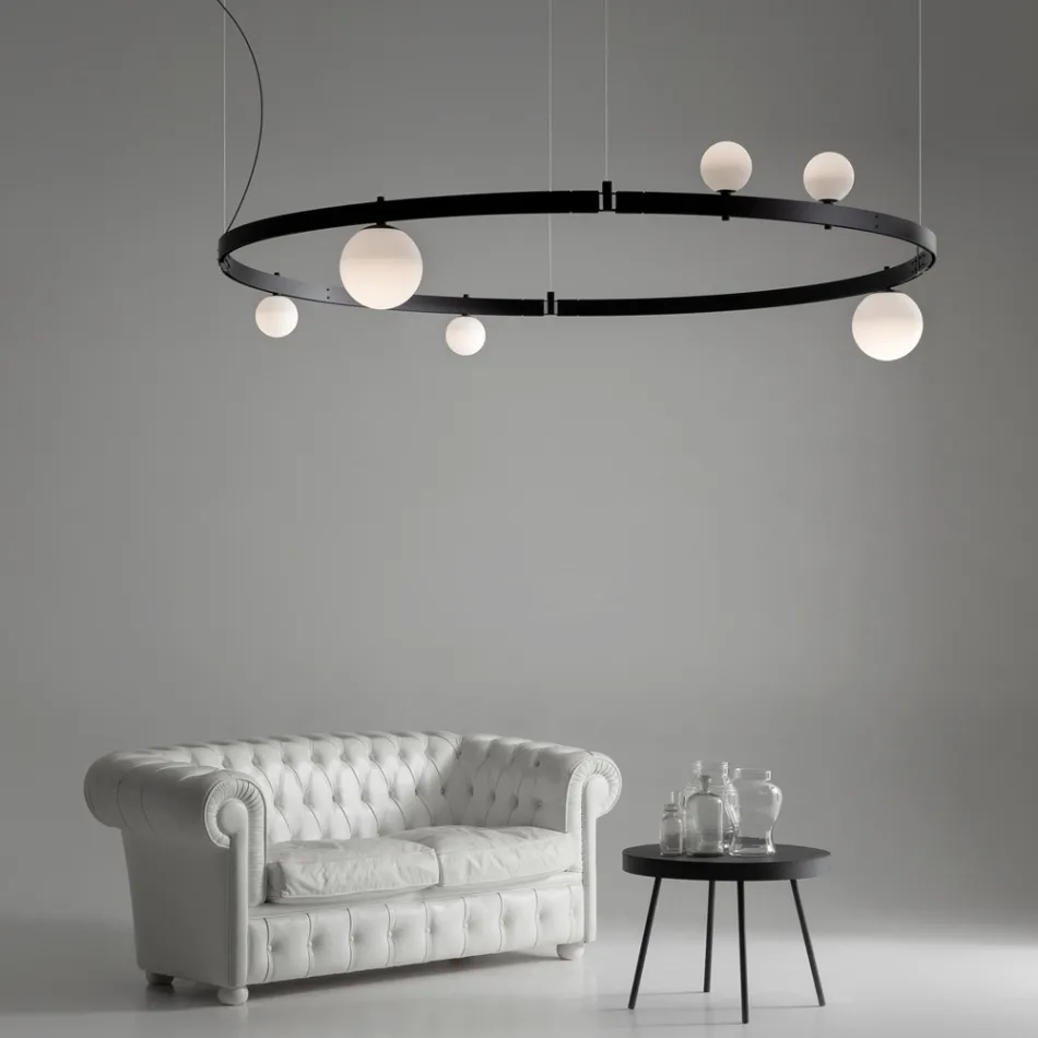 Round Design Suspension in Black Aluminum with Spheres and Spotlights - Exodus Viadurini