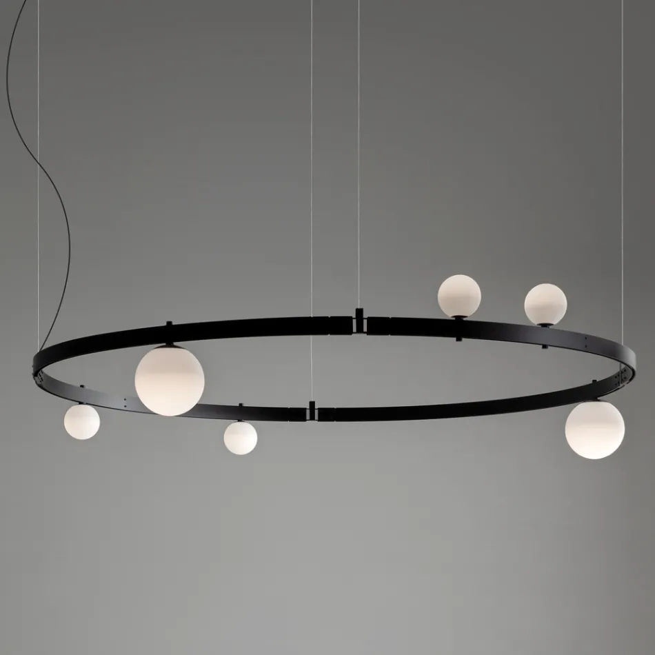 Round Design Suspension in Black Aluminum with Spheres and Spotlights - Exodus Viadurini