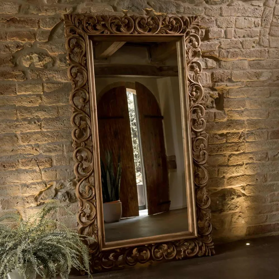 Carved Mirror Made of Solid Teak Wood - Auguste Viadurini