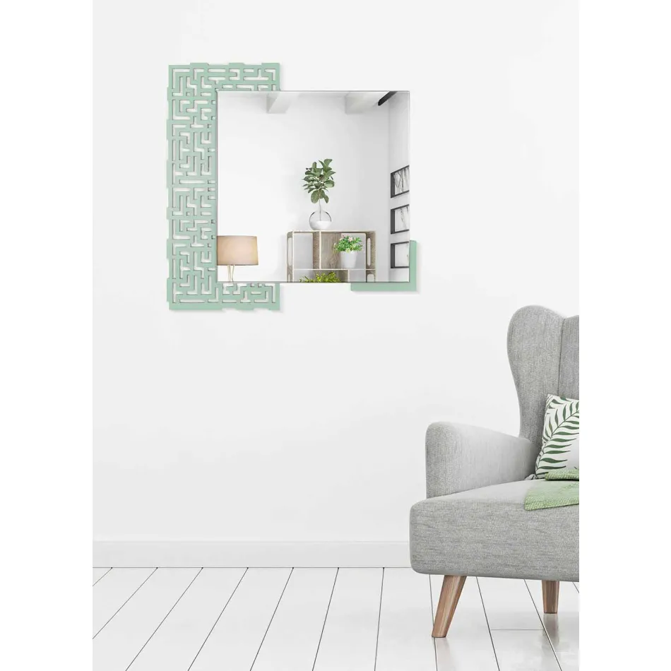 Modern Design Square Wall Mirror in Decorated Green Wood - Labyrinth Viadurini