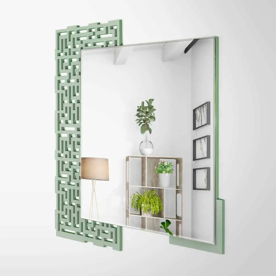Modern Design Square Wall Mirror in Decorated Green Wood - Labyrinth Viadurini