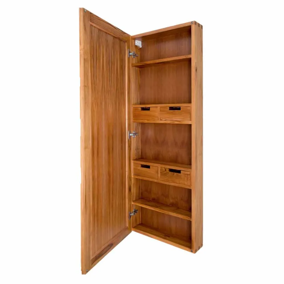 Teak Wall Storage Mirror with Shelves and Internal Drawers - Ralio Viadurini