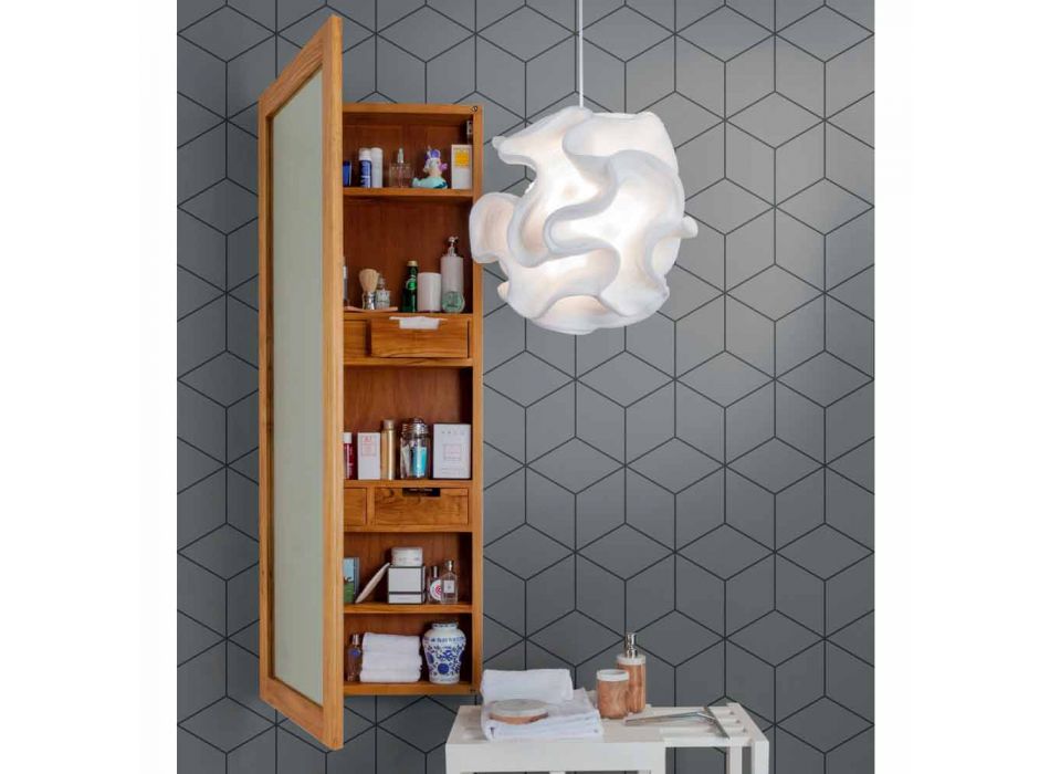 Teak Wall Storage Mirror with Shelves and Internal Drawers - Ralio Viadurini