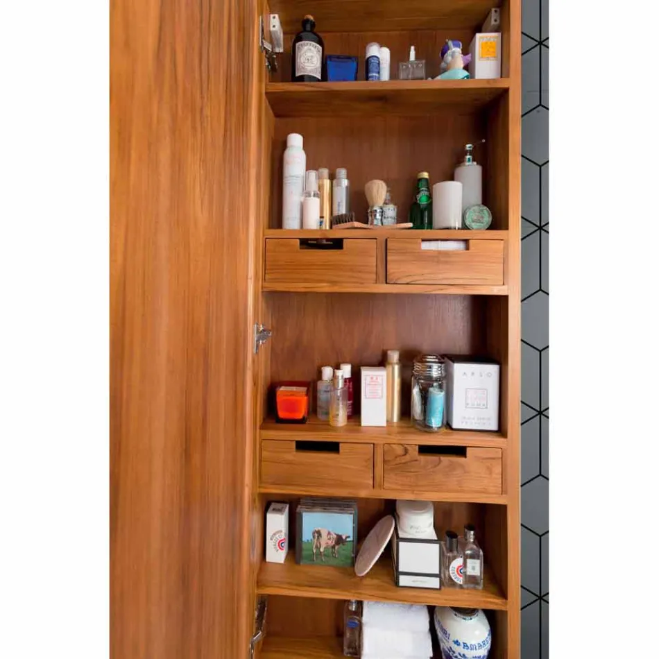 Teak Wall Storage Mirror with Shelves and Internal Drawers - Ralio Viadurini