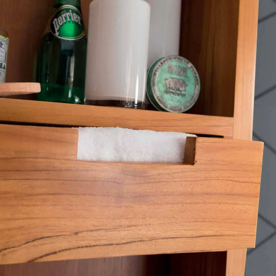 Teak Wall Storage Mirror with Shelves and Internal Drawers - Ralio Viadurini