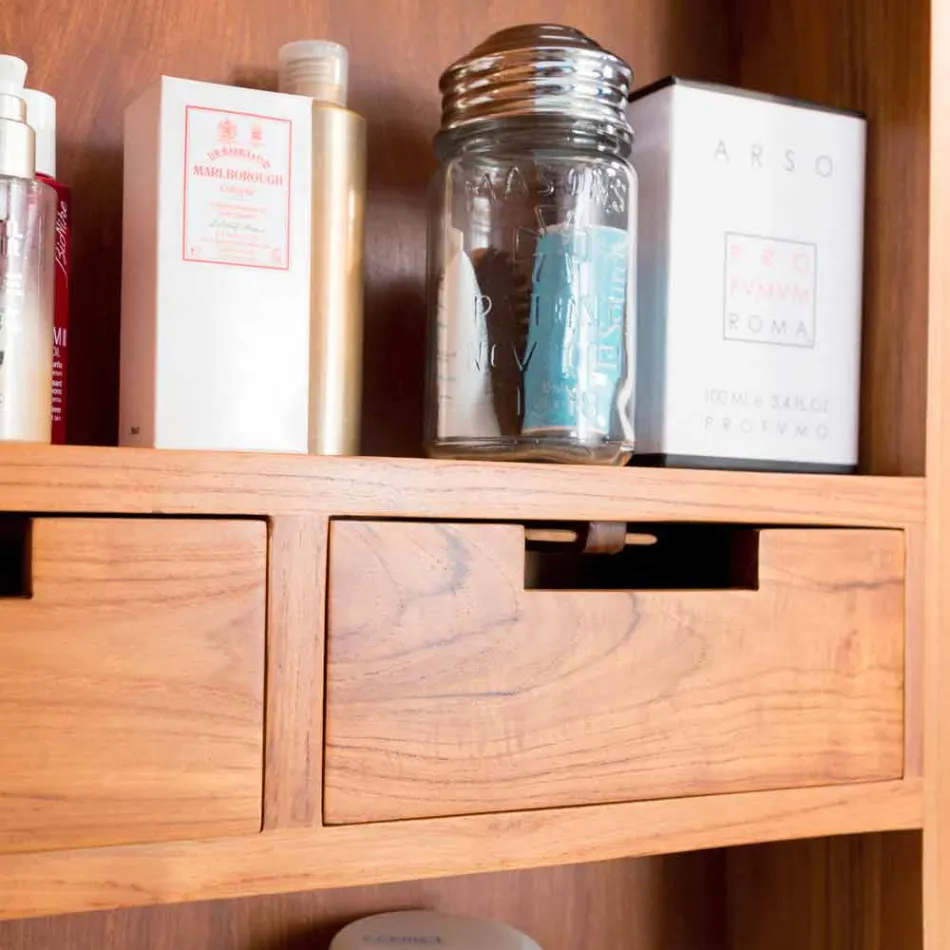 Teak Wall Storage Mirror with Shelves and Internal Drawers - Ralio Viadurini