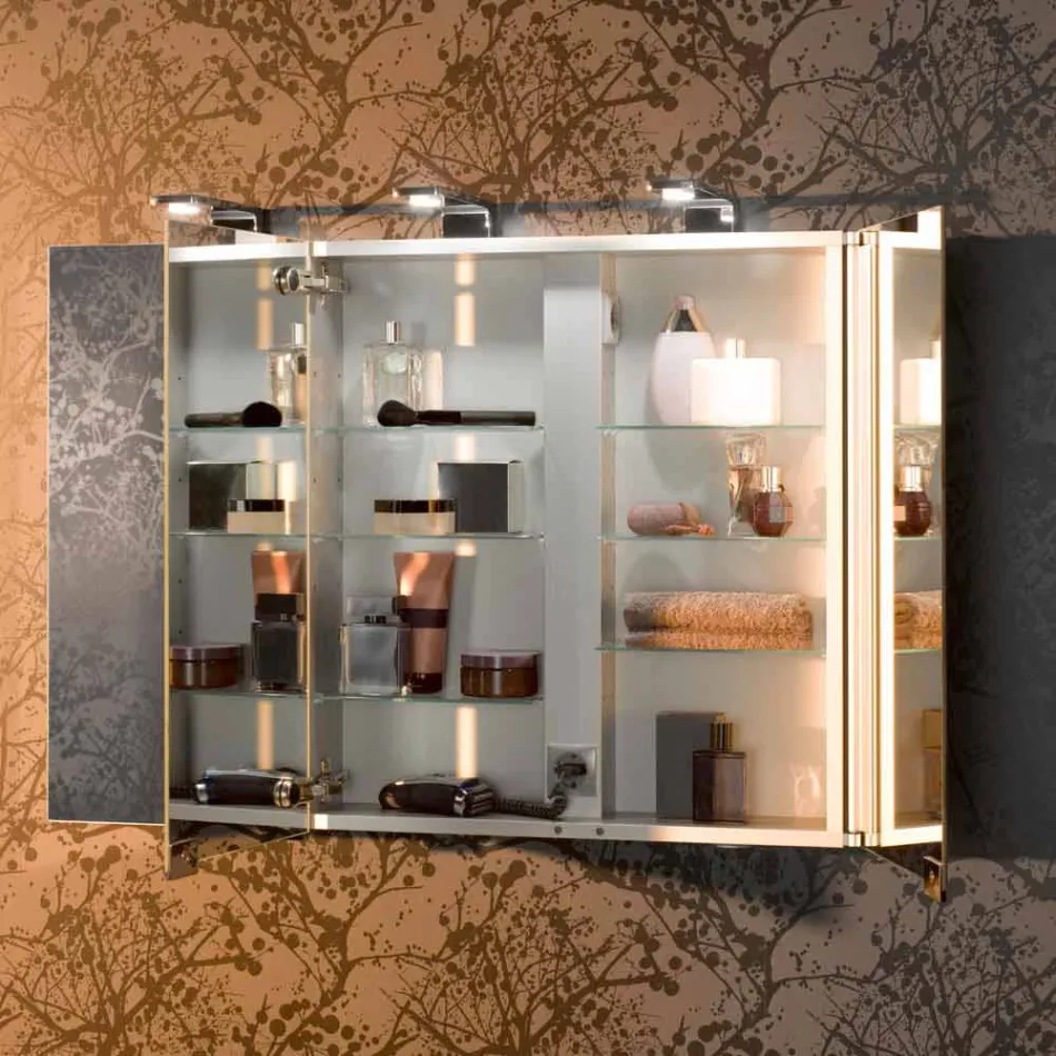 Modern Container Mirror with 3 Crystal Doors and 3 LED Lights - Maxi Viadurini