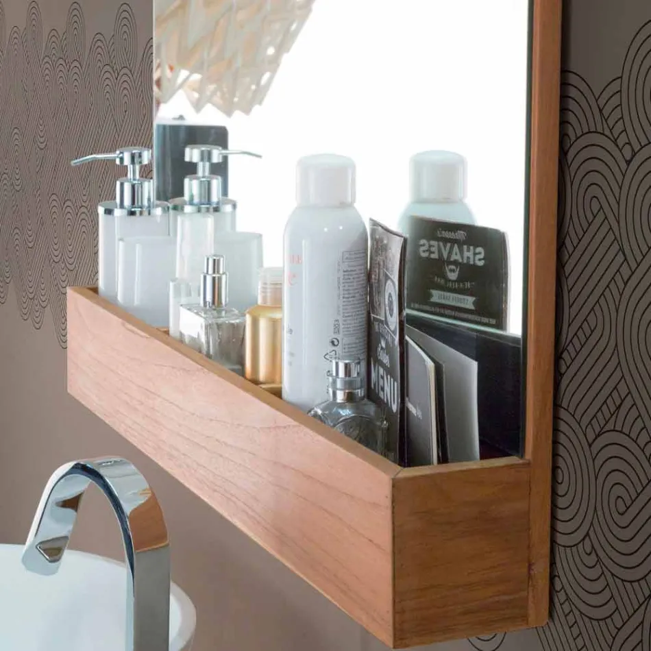 Wall Mirror with Structure and Storage Compartment in Teak Wood - Palima Viadurini