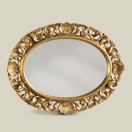 Oval Mirror with Gold Leaf Perforated Wood Frame Made in Italy - Florence Viadurini