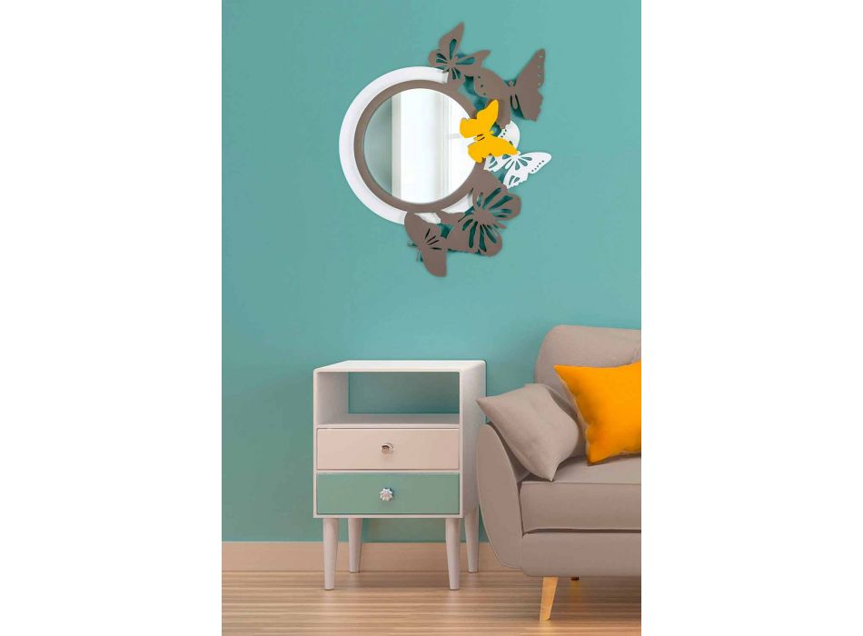 Modern Design Round Mirror in Colored Wood with Butterflies - Beat Viadurini