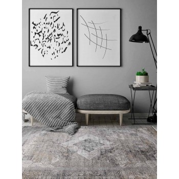 Designer Rug in Viscose and Acrylic Gray Beige with Design - President