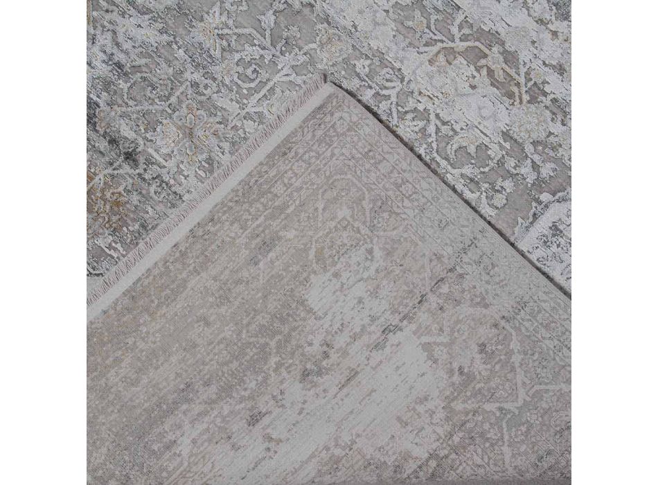 Designer Rug in Viscose and Acrylic Gray Beige with Design - President