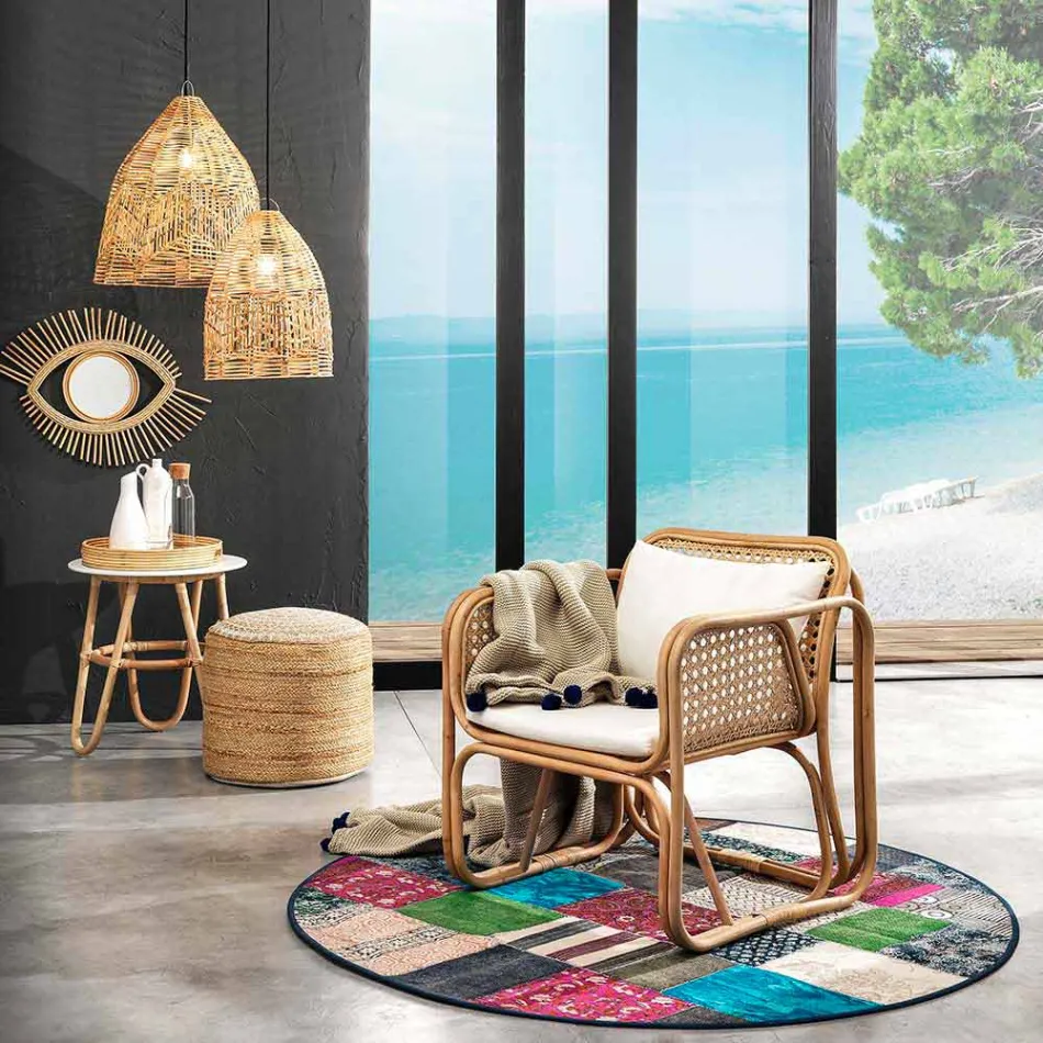 Round Ethnic Rug in Colored Cotton Fabric - Fiber Viadurini