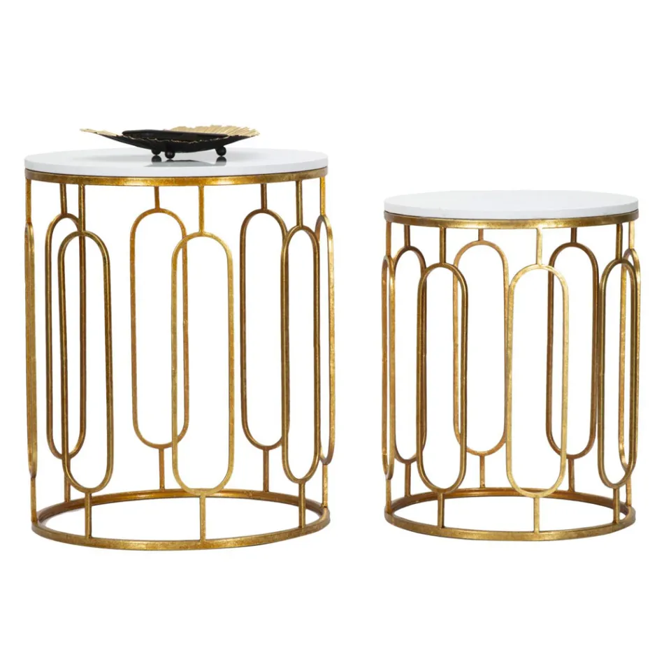 Coffee Tables in Golden Iron and Marble Effect Resin 2 Pieces - Pietro Viadurini