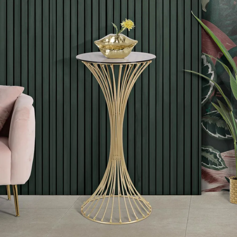 Round High Coffee Table in Golden Iron with Spheres and Smoked Glass Top - Dexter Viadurini