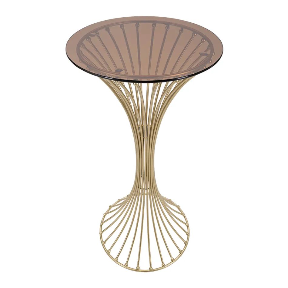 Round High Coffee Table in Golden Iron with Spheres and Smoked Glass Top - Dexter Viadurini