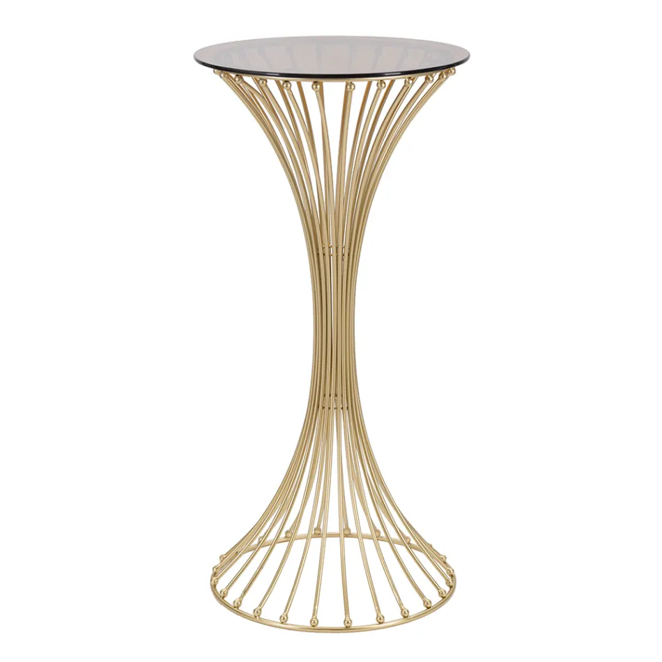 Round High Coffee Table in Golden Iron with Spheres and Smoked Glass Top - Dexter Viadurini