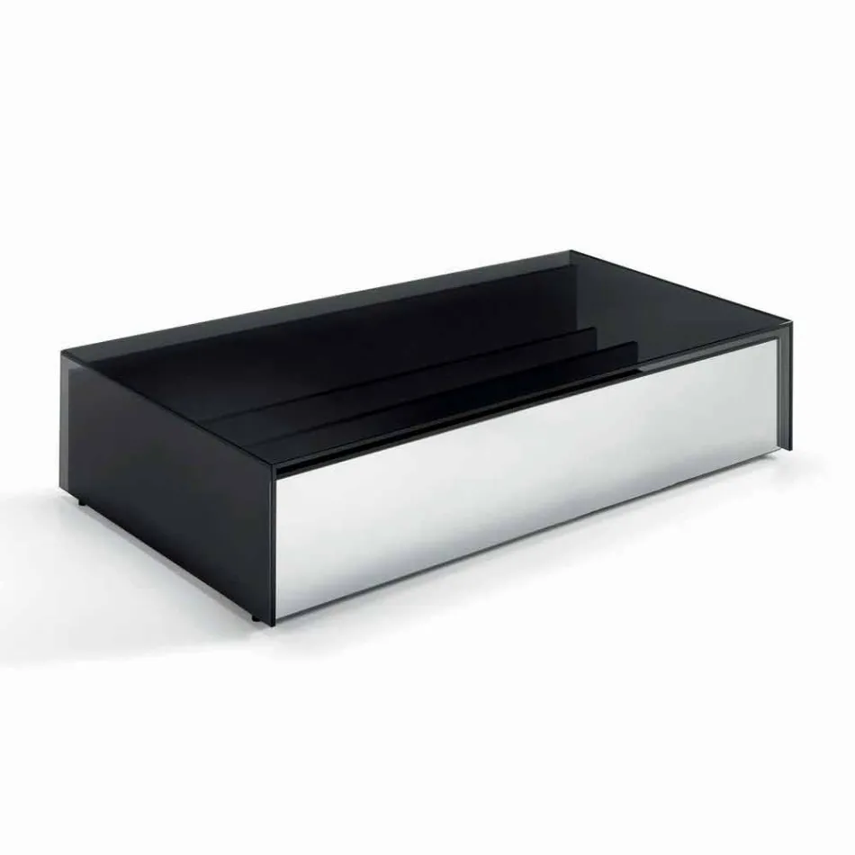 Low Table for Living Room in Smoked Glass and Wooden Drawers 3 Sizes - Mantra Viadurini