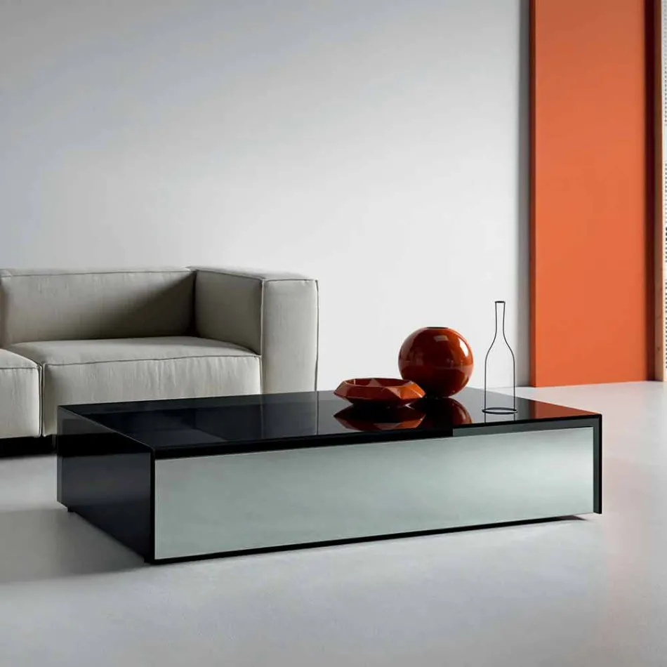 Low Table for Living Room in Smoked Glass and Wooden Drawers 3 Sizes - Mantra Viadurini