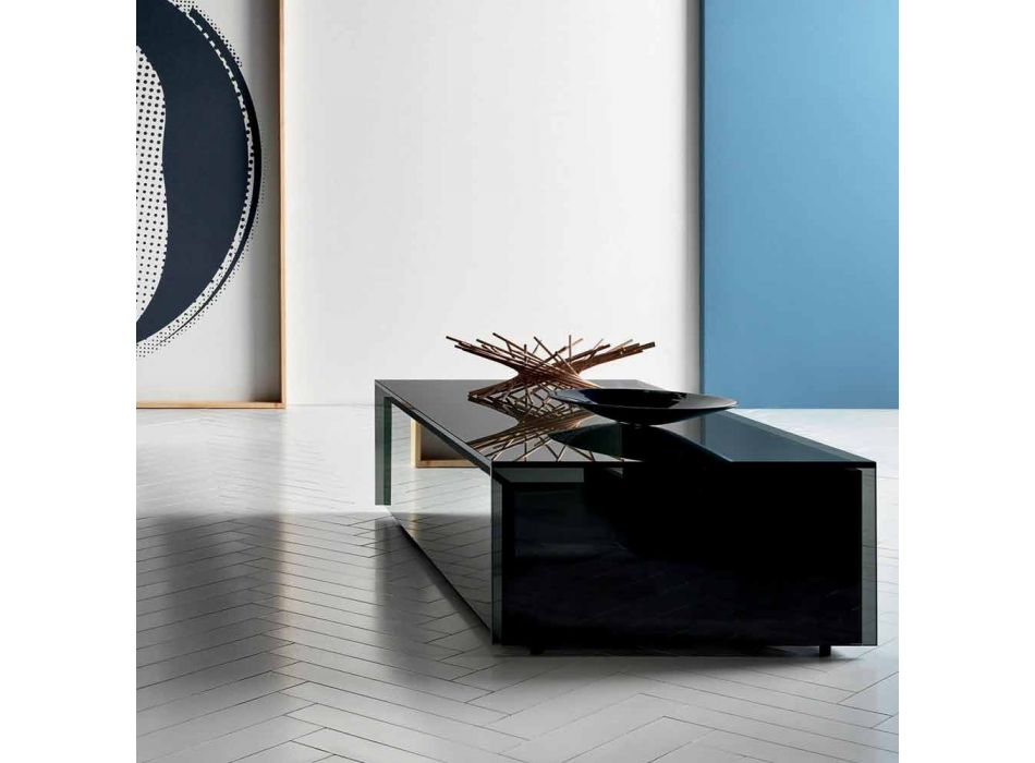 Low Table for Living Room in Smoked Glass and Wooden Drawers 3 Sizes - Mantra Viadurini