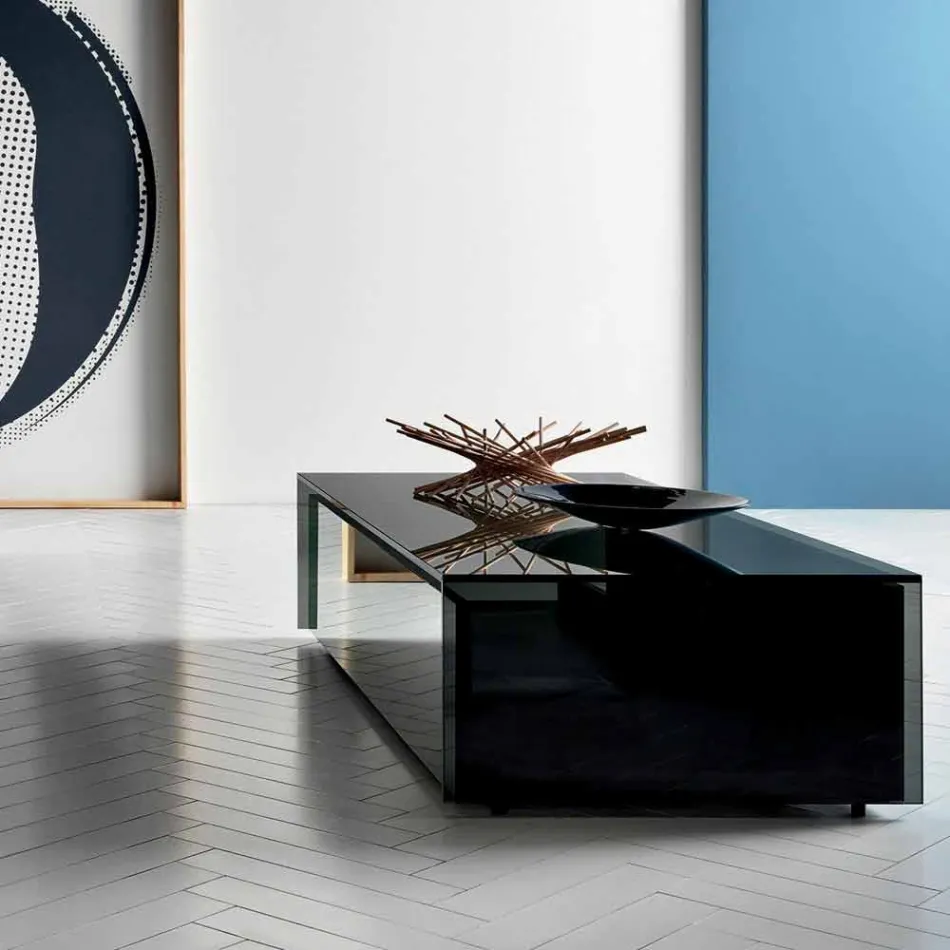 Low Table for Living Room in Smoked Glass and Wooden Drawers 3 Sizes - Mantra Viadurini