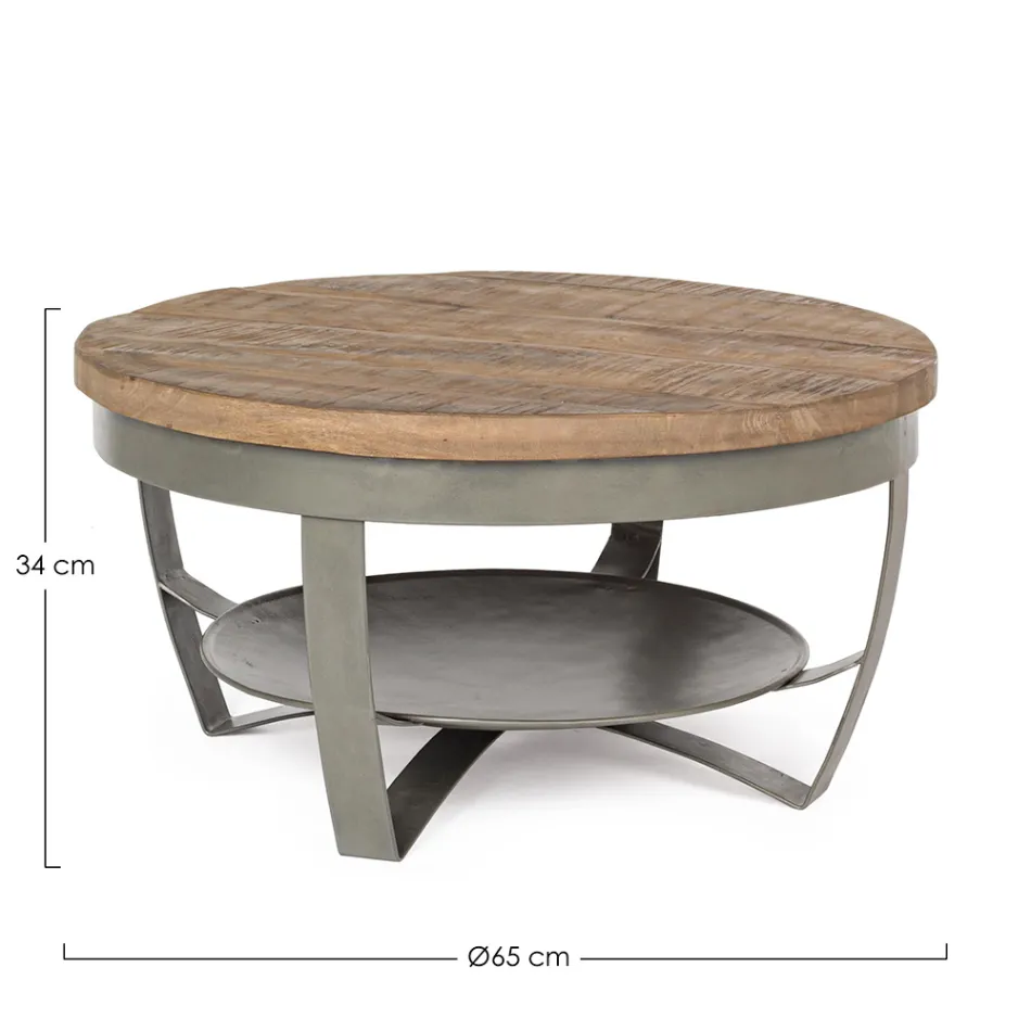 Low Round Living Room Coffee Table in Mango Wood and Steel - Moncheri Viadurini