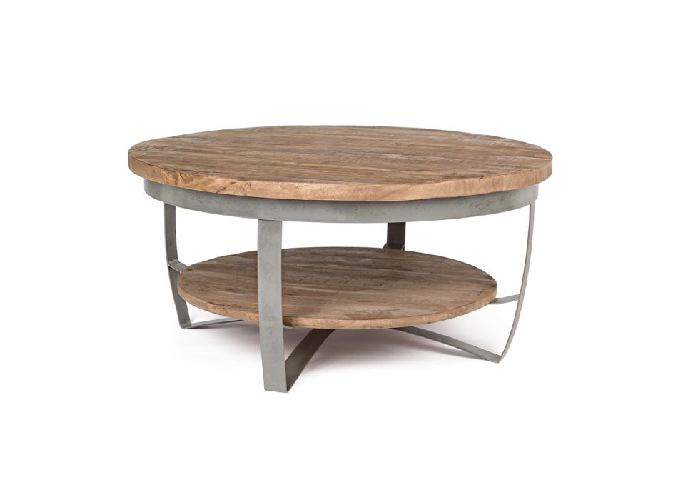 Low Round Living Room Coffee Table in Mango Wood and Steel - Moncheri Viadurini