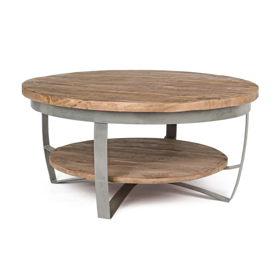 Low Round Living Room Coffee Table in Mango Wood and Steel - Moncheri Viadurini