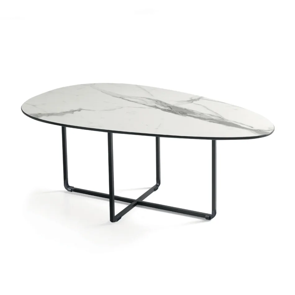 Coffee Table with Metal Base and Mirror and Marble-Effect Ceramic Top - Gisella Viadurini