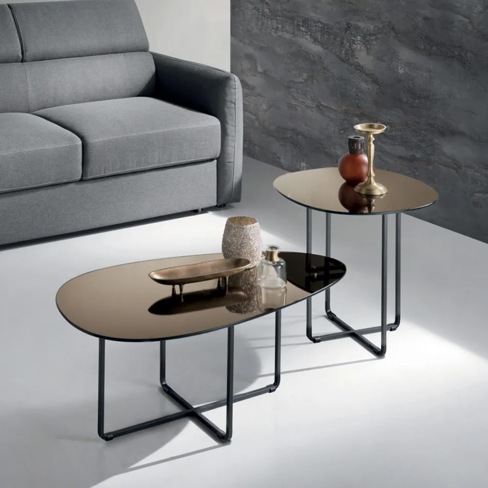 Coffee Table with Metal Base and Mirror and Marble-Effect Ceramic Top - Gisella Viadurini
