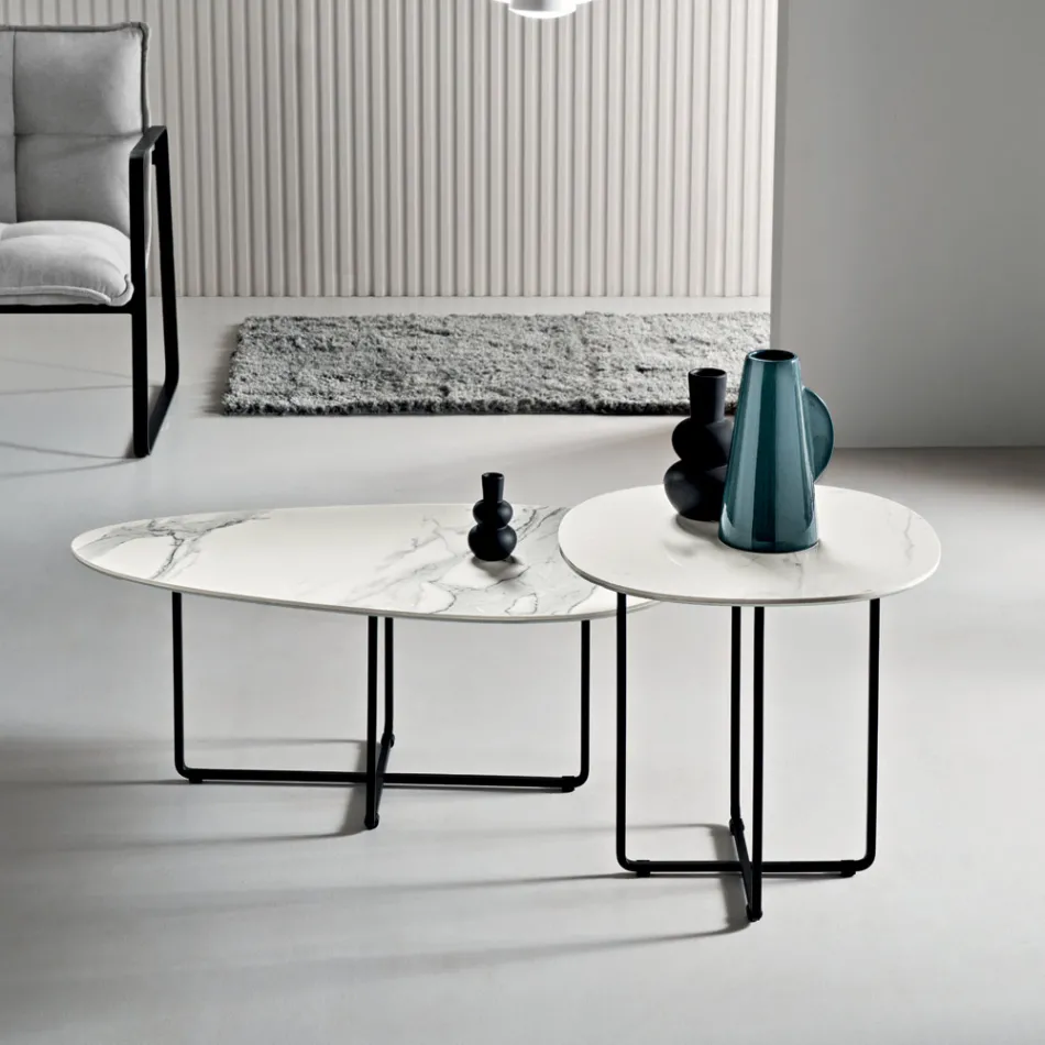 Coffee Table with Metal Base and Mirror and Marble-Effect Ceramic Top - Gisella Viadurini