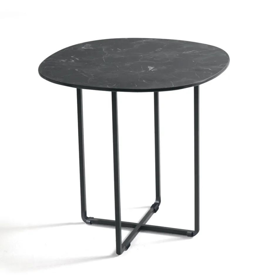 Coffee Table with Metal Base and Mirror and Marble-Effect Ceramic Top - Gisella Viadurini