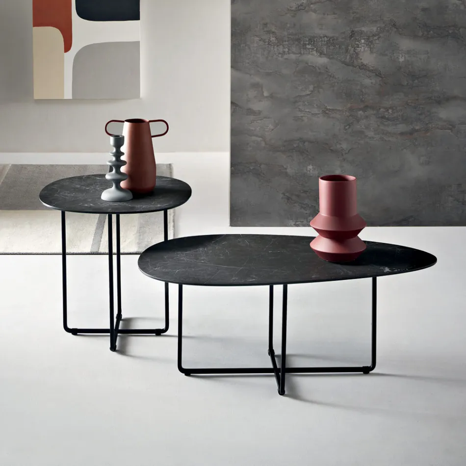 Coffee Table with Metal Base and Mirror and Marble-Effect Ceramic Top - Gisella Viadurini