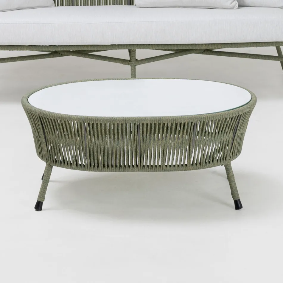 Garden coffee table in aluminum and woven rope and glass - Asteria Viadurini