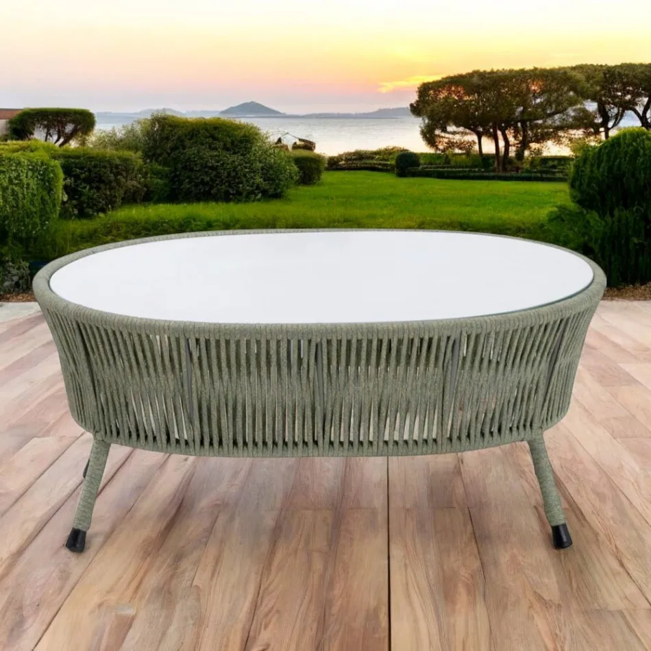 Garden coffee table in aluminum and woven rope and glass - Asteria Viadurini