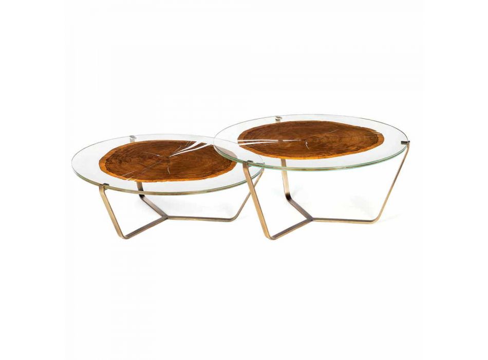 Coffee Table with Round Glass and Wood Top Made in Italy - Baviera Viadurini