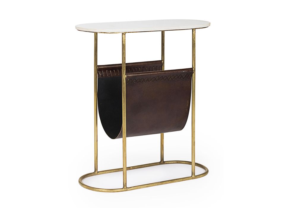 Coffee Table in Steel and Marble with Leather Magazine Rack - Aretone Viadurini