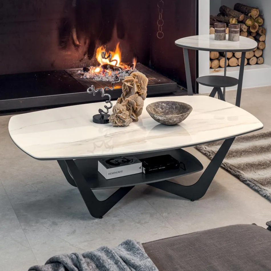 Metal Coffee Table Ceramic Top with Storage - Emirate Viadurini