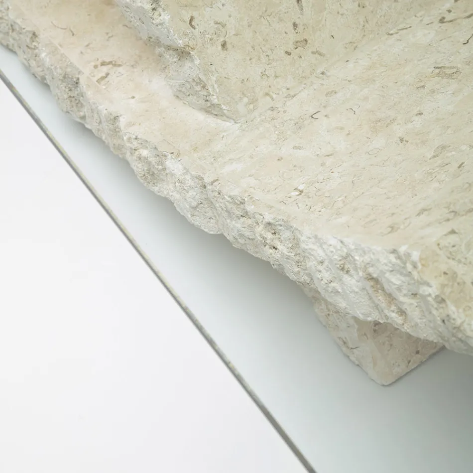 Fossil Stone Coffee Table with Tempered Glass Top - Isabel Viadurini