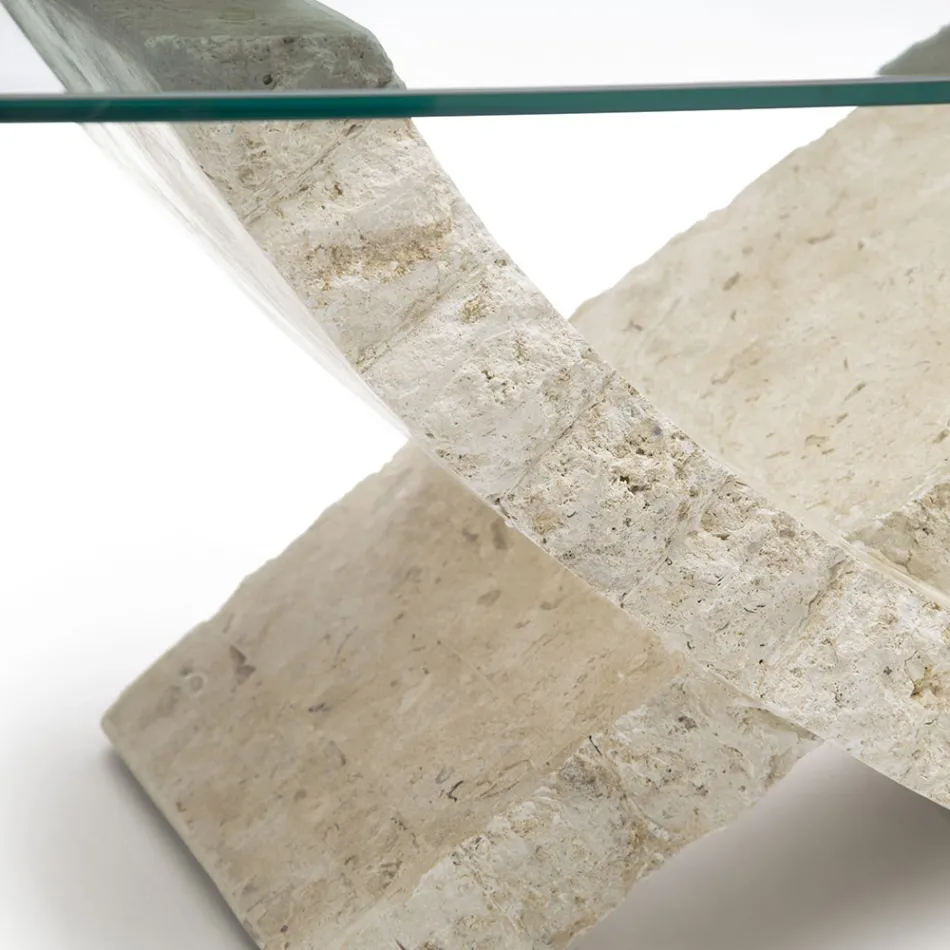 Fossil Stone Coffee Table with Tempered Glass Top - Isabel Viadurini