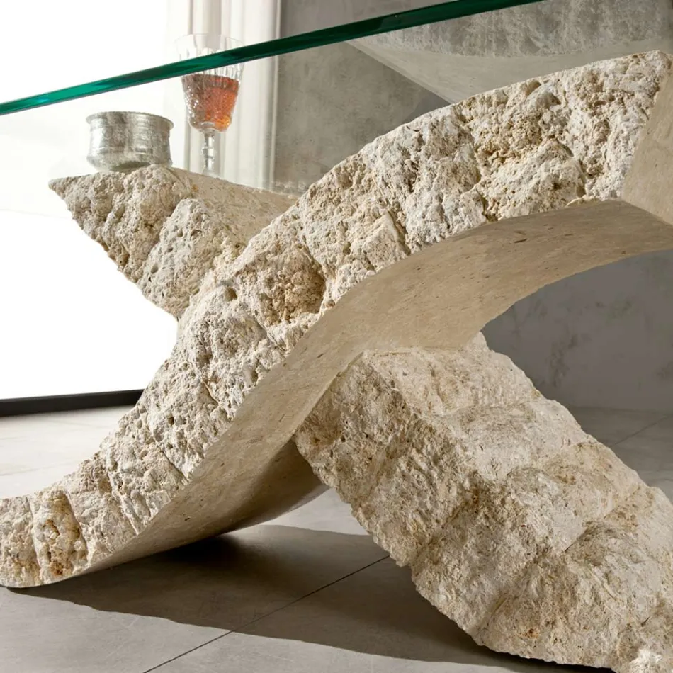 Fossil Stone Coffee Table with Tempered Glass Top - Isabel Viadurini