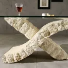Fossil Stone Coffee Table with Tempered Glass Top - Isabel Viadurini