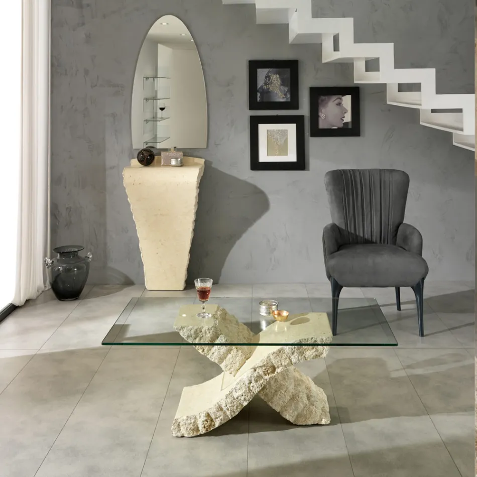 Fossil Stone Coffee Table with Tempered Glass Top - Isabel Viadurini